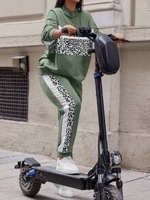 EURMUSE Cotton Plus Leopard Print Colorblock Drop Shoulder Sweatshirt & Sweatpants - Mint Green - View 3