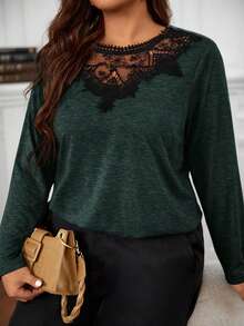 SHEIN Frenchy Plus Size Lace Patchwork Contrast Color Round Neck Casual Long Sleeve T-Shirt Spring To Summer - Dark Green - View 5