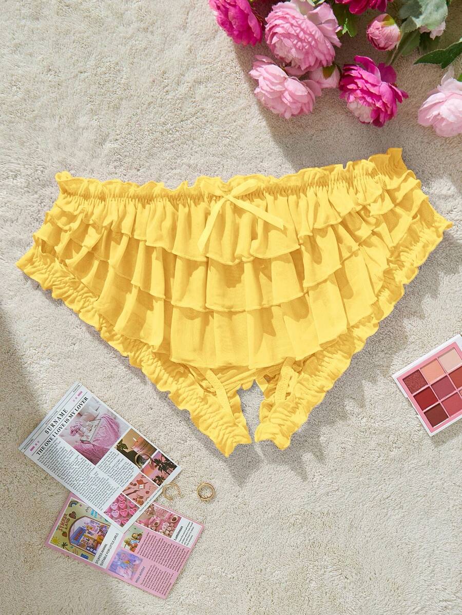 SHEIN Lencería de talla grande, linda y dulce, con volantes multicapa y sin entrepierna, con moño - Amarillo - Ver 1