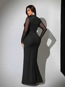 Viva Relle 大码女式性感透视网纱拼接高弹紧身高开衩扭结派对鸡尾酒会休闲工作通勤连衣裙，长袖 - 黑色 - 查看 2