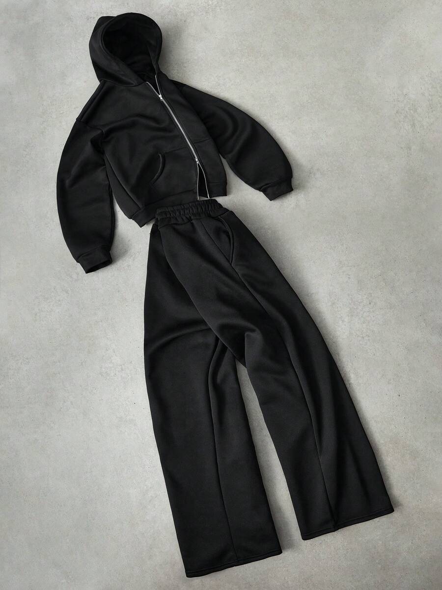 Manfinity Roghcode 男士街头风流行反光运动套装,拉链连帽卫衣套装,适合户外音乐节、日常出行、朋友聚会、送给男友/老公的礼物、周年纪念礼物,黑色连帽衫套装,男士机能风黑色两件套,男士套装,JJK 男士慢跑套装灯芯绒 - 黑色 - 查看 1