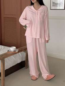 DAZY Striped Ruffle Collar Women Pajama Set - Pink - View 5