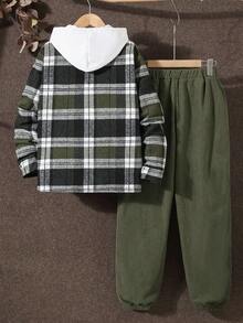 Vacaura 适合青少年男孩的三季格子长袖翻领衬衫和灯芯绒松紧腰裤两件套休闲户外 - 彩色 - 查看 2