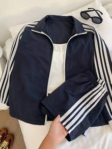 Comfortcana 女士条纹长袖拉链外套和短裤休闲两件套 - 藏蓝色 - 查看 7