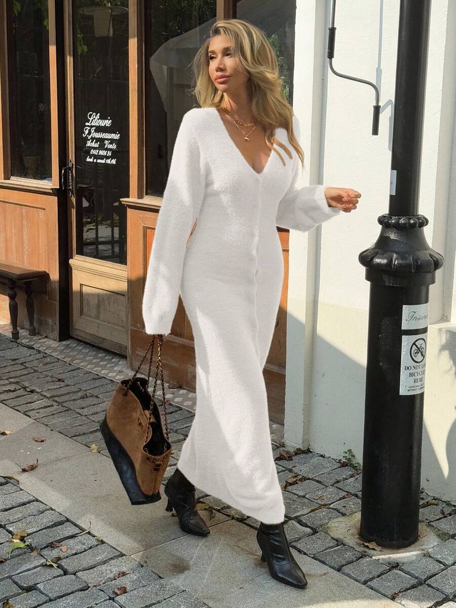 Livesso Women's V-Neck Lantern Sleeve Long Sweater Dress, Autumn - White - View 1