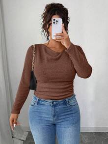 Elenzga Áo thun dài tay ôm sát họa tiết bèo nhún cổ điển không đối xứng cỡ lớn cho nữ RosyDaze - Màu nâu  Mocha - Xem 5