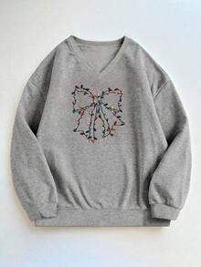 INAWLY Buntes Weihnachtslichter-Schleifen-besticktes, locker sitzendes, lässiges Oversize-Damen-Pullover-T-Shirt - Hellgrau - Übersicht 3
