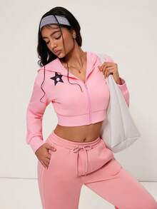 INAWLY Solva Damen Lässig Jacke mit Stern Muster, Reißverschluss und Kapuze, Herbst - Pink - Übersicht 8