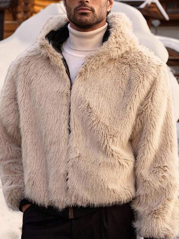 HIMLAND Men's Casual Loose Hooded Long Sleeve Faux Fur Jacket, Suitable For Winter Men Coats Men Outerwear Mens Fur Mens Plus Fur Men Fur Coat Men Jacket