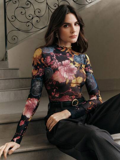 Anewsta Elegant Floral Print Slim Fit Blouse With Mandarin Collar And Sheer Sleeves, Suitable For Summer, Autumn, Fall, Casual, New Year