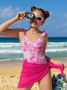 SHEIN Girls One Piece Swimsuit With Cover Up, Pink Seashell Print, Ruffle Shoulder, Quick Dry, Adjustable Straps, Beach Swimwear For Kids, Summer Vacation, Pool Party, 1pc Tween Girls Tie Dye & Seashell Print One-Piece Swimsuit Swim Skirt Teen Girls Tween Swimsuits Sea Shells Bikini Set With Sarong Skirt Swimsuit Tween Pink Tween Girl Swimsuit With Skirt - Multicolor - View 8