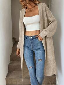 SHEIN Tall CURVE Plus Size Drop Shoulder Ribbed Knit Duster Cardigan,Long Sleeve Tops For Women Curve Tall In Fall/Winter - Beige - View 3