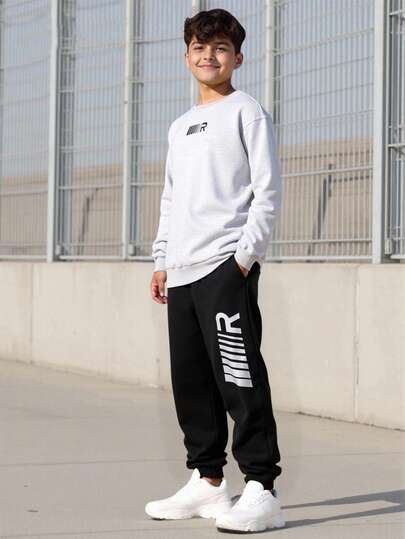 Vacaura 2 件青少年男孩灰色运动衫搭配黑色慢跑裤，R 字母印花，适合户外运动和旅行，秋冬季