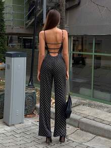 TRNVIE 女士休闲波点连体裤，配有可调节肩带，宽松直筒裤型，适合叠穿、通勤以及秋冬季穿着。 - 黑與白 - 查看 1