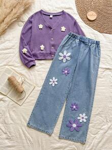 SHEIN Vintaside Kids 少女V领长袖时尚短款上衣搭配百搭刺绣牛仔裤套装，春秋季 - 紫色 - 查看 5