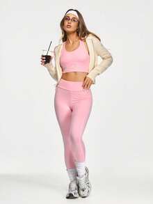 Sovereign Charm 粉色高腰全长运动紧身裤，白色缝线，四向弹力透气速干，提臀塑形，瑜伽/健身/跑步必备 - 淺粉色 - 查看 6