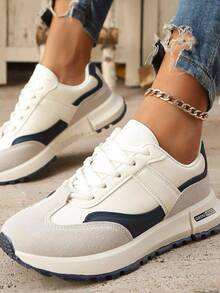 Zapatillas deportivas con suela gruesa, zapatillas deportivas retro con cordones, zapatillas deportivas informales, zapatillas deportivas con cordones y bloques de color, cómodas y relajadas, adecuadas para practicar deporte y viajar. - Azul - Ver 3