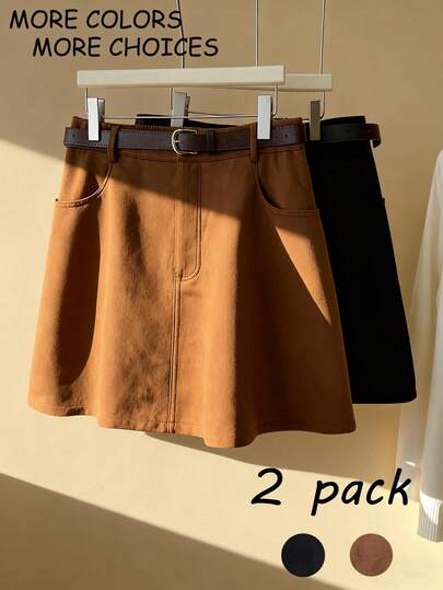 Franclia 大码两件套半身裙，带口袋和腰带，麂皮绒面料迷你裙