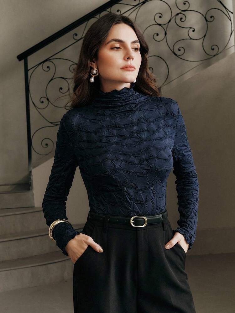 Women's Solid Color Stand Collar Fitted Elegant Long Sleeve T-Shirt