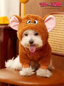 TOM & JERRY X PETSIN 1 件装 Jerry 刺绣立体耳朵装饰可爱双面毛绒材质保暖舒适连帽衫狗狗连帽衫 Jerry Cosplay 连帽衫 - 棕色 - 查看 6