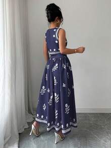 Selianne 2件套女士休闲印花背心和裙子套装，度假装 - 藏蓝色 - 查看 2