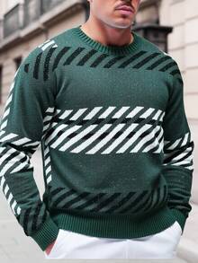 Manfinity Homme Men's Contrast Color Pattern Crew Neck Long Sleeve Sweater, For Winter - Green - View 3