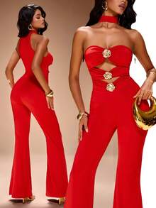 Radiana Combinaison sexy et élégante pour femmes avec décoration florale 3D en métal doré luxueuse, avec poignets amovibles à volants et jambes évasées. Tenue de soirée convenant pour les rendez-vous, les rassemblements, les anniversaires, les clubs, les célébrations, les soirées, Noël, le Nouvel An et les festivals. - Rouge - Voir 8