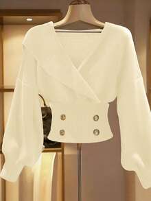 Franclia 女士秋冬交叉领正式时尚落肩长袖纯色假门襟金属纽扣针织套头毛衣 - 淡黃色 - 查看 1