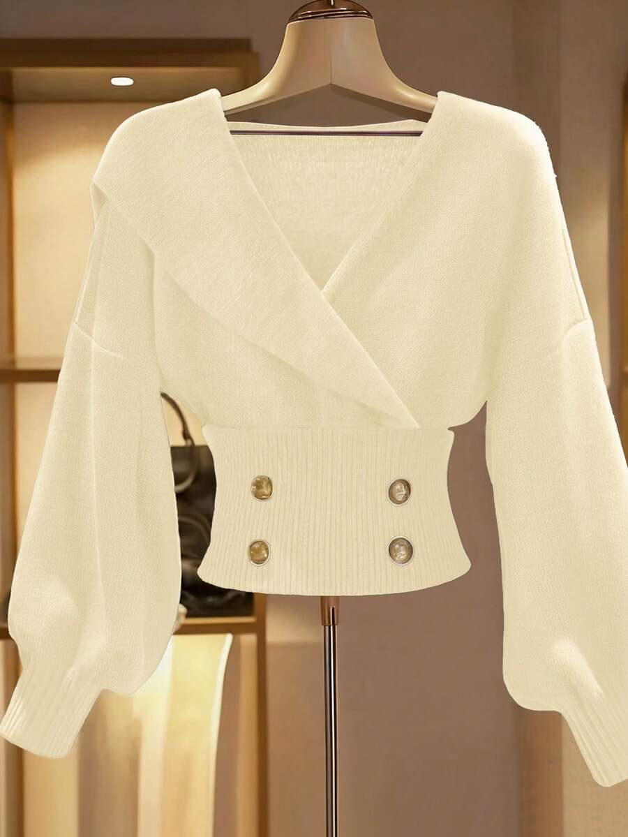 Franclia 女士秋冬交叉领正式时尚落肩长袖纯色假门襟金属纽扣针织套头毛衣 - 淡黃色 - 查看 1