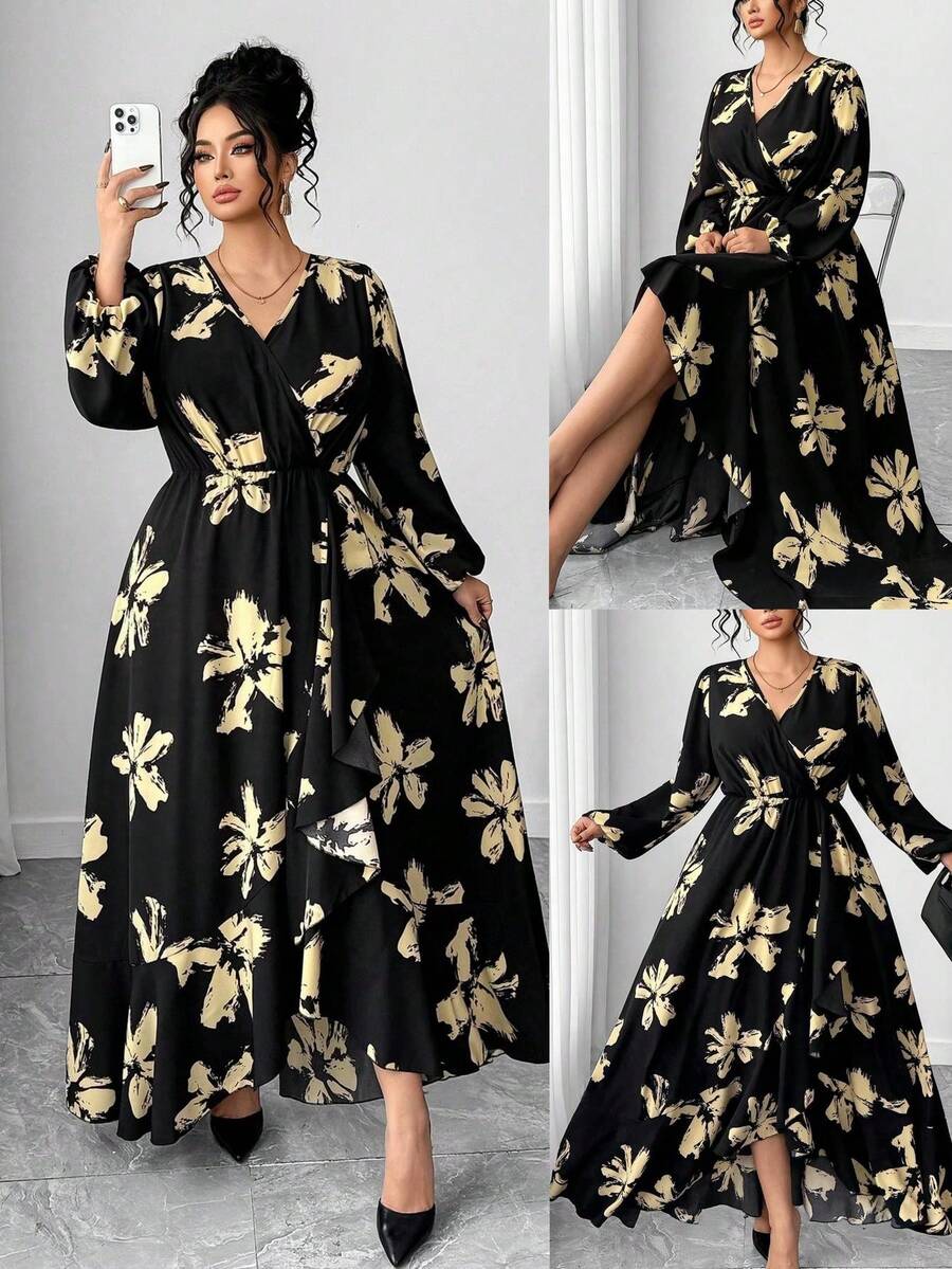 Elenzga 大码女式拼色系带领连衣裙，秋冬 A 字型收腰修身设计连衣裙，适合返校、毕业典礼、情人节、音乐节、母亲节、万圣节、感恩节、复活节、国庆节、舞会、约会、派对、婚礼、户外活动 - 黑色 - 查看 1