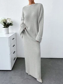 SHEIN Cottnline Plus Women Solid Color Chunky Sweater & Sweater Skirt Set - Grey - View 6