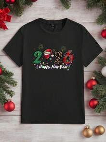 Manfinity Homme Men's 2026 & Christmas Graphic Print Round Neck Short Sleeve T-Shirt - Black - View 2