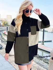 EMERY ROSE Chaqueta de mujer de manga larga, cuello de camisa, de un solo pecho, con bolsillo y contraste de color, para otoño/invierno