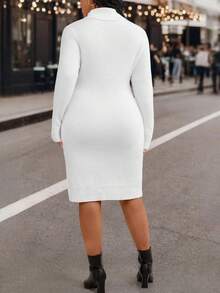 EMERY ROSE Plus Size Women's Casual Everyday Commute Simple Solid Color High Neck Fitted Sweater Dress, Without Belt - White - View 2