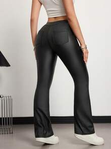 Jeanoix Millennium Design Criss-Cross Elastic Waist Skinny Flare Women's Black Coated Pants - Black - View 2