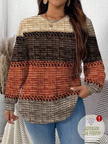 EMERY ROSE Thanksgiving Autumn Merlot Color Textured Striped Print Casual Plus Size Women Crew Neck Long Sleeve Sweatshirt, Waffle Knit Suitable For  Brown Long Sleeve Fall Tops Women,Spring - Multicolor - View 1
