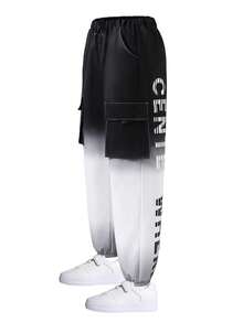 SHEIN 青少年（男孩）裤子，大男孩休闲印花长裤，对比渐变字母和渐变印花，松紧腰身，日常穿着，宽松街头时尚 - 黑色 - 查看 3