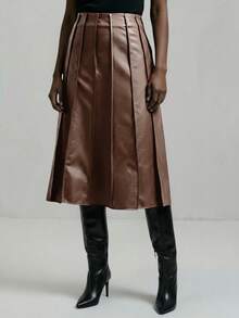 Ontre Women's PU Leather Pleated Pencil Skirt, Urban Commute Business Casual, Suitable For Valentine's Day Party, Gathering, Holiday, Wedding Guest, Spring/Summer