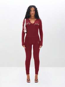 BABYPHAT Rhinestone Baby Text Long Sleeve Deep V Notch Neck Bodysuit Top With Metallic Pink Accents - Burgundy - View 4