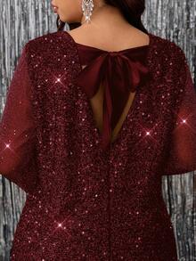 Reflora Đầm thời trang thanh lịch cổ tròn tay dài hở lưng màu trơn cỡ lớn cho nữ - Màu Đỏ Sâu - Xem 2