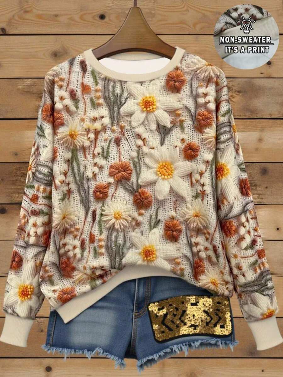 SHEIN LUNE 秋冬女士针织花卉印花圆领长袖休闲卫衣 - 杏色 - 查看 1