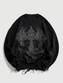 ROMWE MEN Grunge Punk 男士做旧末日印花针织毛衣