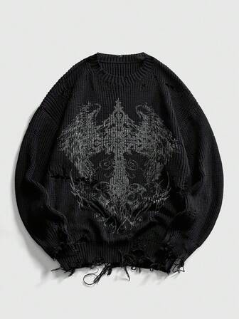 Grunge Punk Men's Punk Distressed Apocalyptic Print Knit Sweater