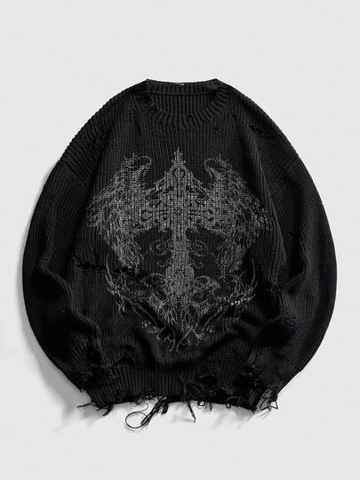 Grunge Punk Suéter de punto con estampado apocalíptico desgastado para hombre