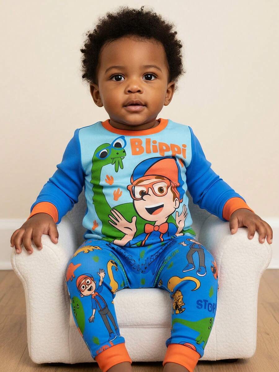 Blippi X SHEIN 2pcs/Set Baby Boy Cartoon Dinosaur Snug Fit Casual Crewneck Top And Full-Print Pattern Leggings Pajamas Outfit, Suitable For Spring, Autumn And Winter Fall - Blue - View 1