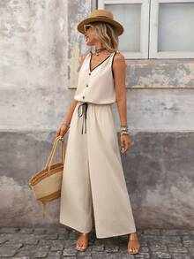 Brillora Bộ đồ liền thân thường ngày cho nữ, cổ chữ V, thắt nơ, túi trước, họa tiết tương phản, thích hợp cho kỳ nghỉ - Màu be - Xem 8