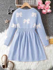 SHEIN 秋冬季少女休闲简约舒适圆领长袖蝴蝶结装饰针织毛衣连衣裙 - 淺藍色 - 查看 2