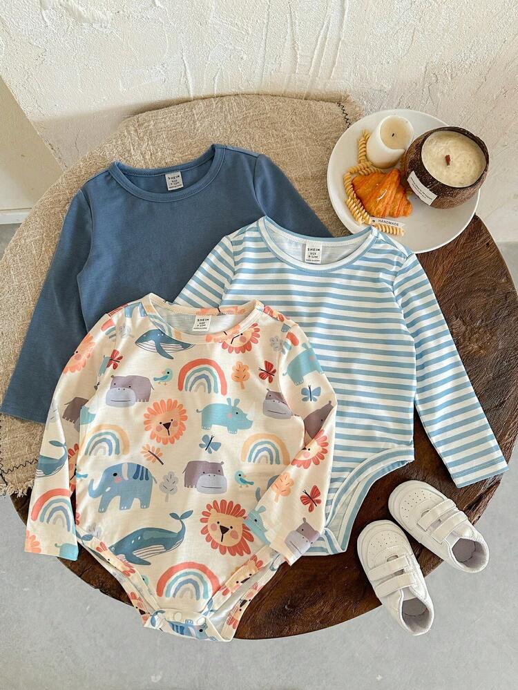 LMoss Kids LMoss 3枚セット ベビーボーイ かわいい 多機能 ニット エラスティック ボーダー 動物柄 長袖ボディスーツ オールマッチアウトフィット、快適な秋冬スタイル - マルチカラー - 見る 5