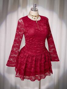 SHEIN ICON Vestido ceñido de manga larga con encaje para mujer de talla grande