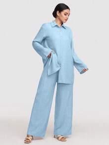 Veilorie 2 件套女式纯色前扣长袖休闲上衣和长裤套装 - 藍色 - 查看 3